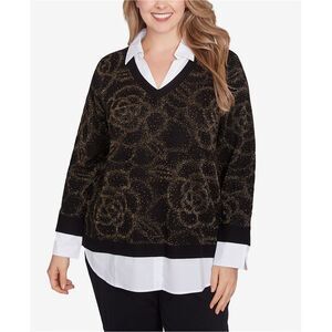 RUBY RD. Womens Metallic Floral Faux Shirt Pullover Sweater, Multicoloured, NWT